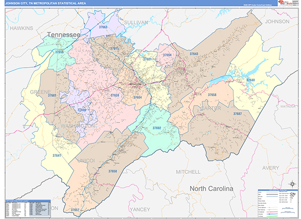 Johnson City Metro Area Wall Map Color Cast Style
